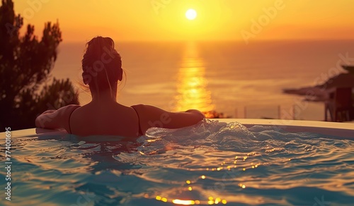 Woman at sunset in a jacuzzi overlooking the sea. Concept of luxury relaxation.