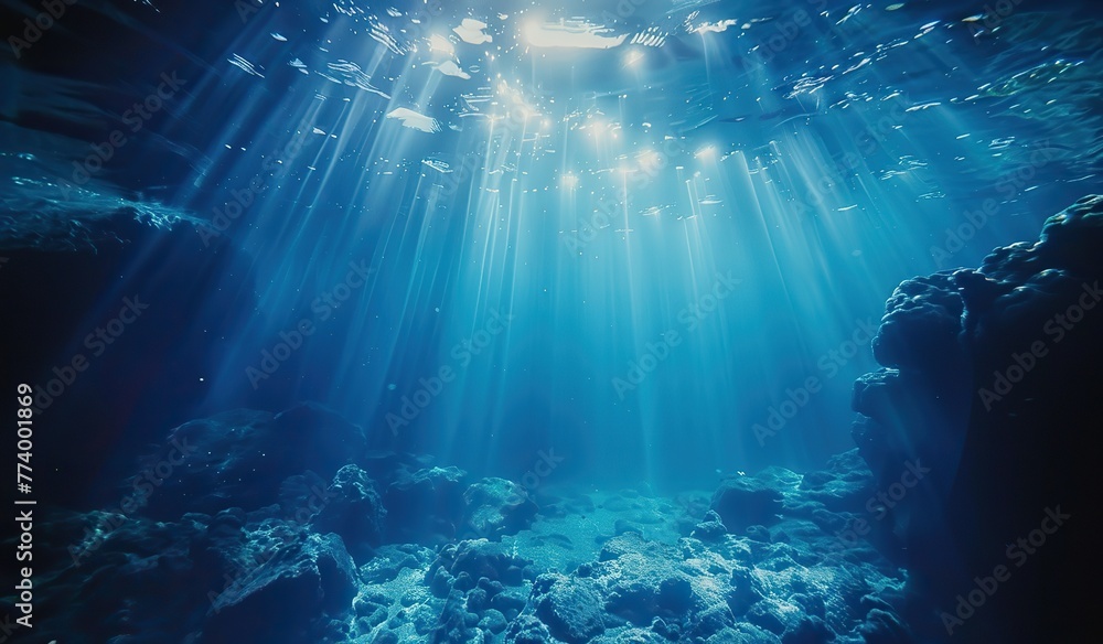 Underwater rocks and sun rays. The concept of the underwater world and ocean depth. - obrazy, fototapety, plakaty 