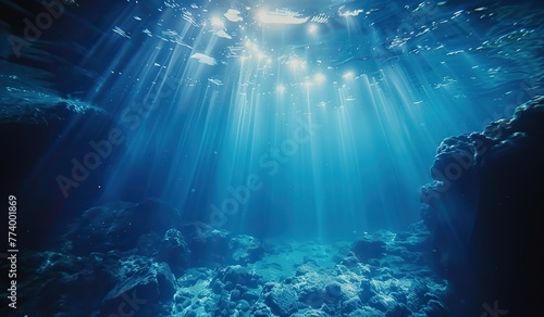 Underwater rocks and sun rays. The concept of the underwater world and ocean depth.