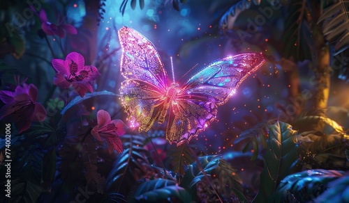 Pink glowing butterfly in a tropical forest. The concept of stunning digital nature. © volga