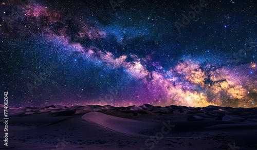 Desert under a starry sky. The concept of the infinity of space and open landscapes.