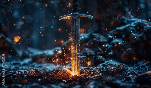 Sword thrust into the ground with sparks. The concept of mystery and fairy tale allure.