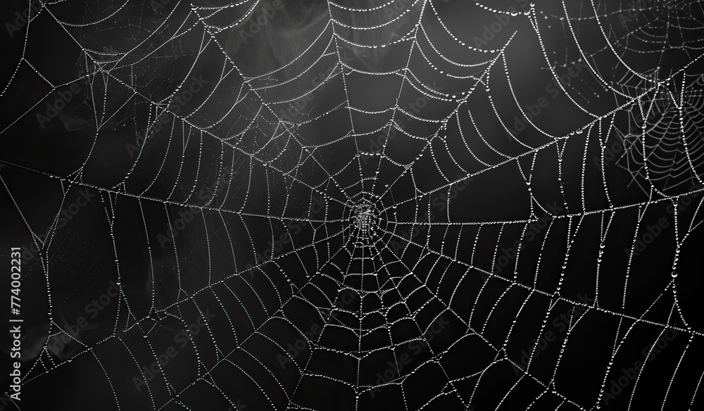 A spider web covered with dew on a dark background. The concept of fragility and complexity in natural patterns.