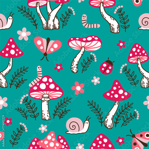 ПечатьSeamless pattern of amanita mushrooms. Hand drawn vector illustration of red amanita among the branches of bushes and plants on a dark green background © Nataliia