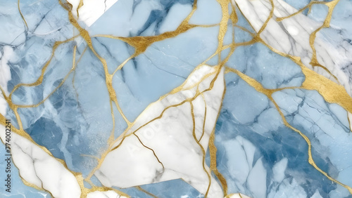 Abstract Crystal Blue and White Marble Pattern With Gold Veins