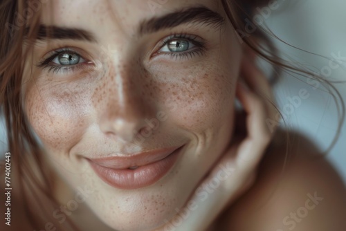 A woman with flawless skin smiling gently photo