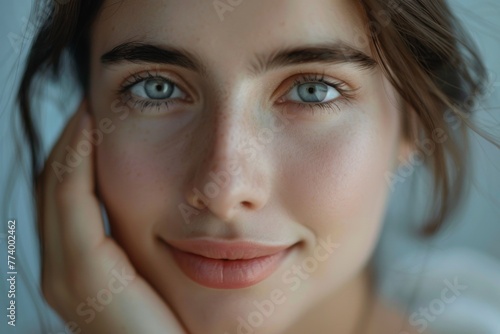 A smiling woman with flawless skin, gently touching her chin while looking directly into the camera.