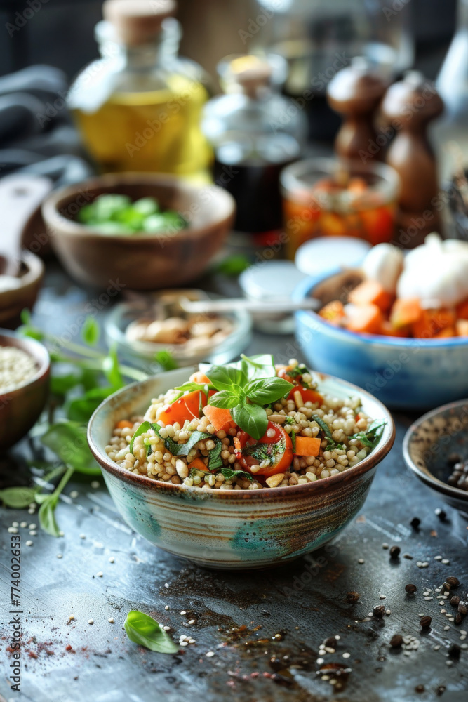 Colorful Healthy Quinoa Salad Bowl on Rustic Kitchen Table