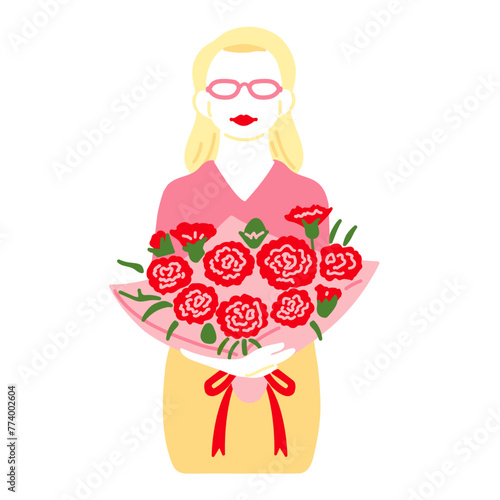 お母さんとカーネーションの花束のイラスト（カラー）