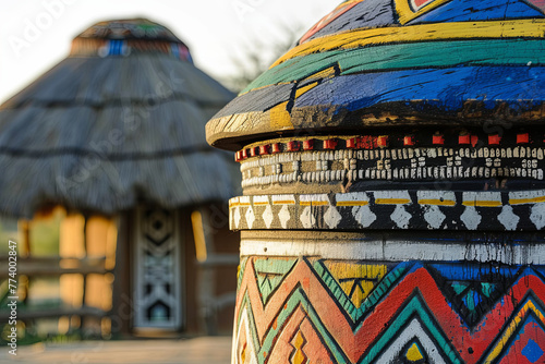 A traditional, colorful, round African hut of the Ndebele tribe in a peaceful South African village, bathed in the warm evening sunlight photo