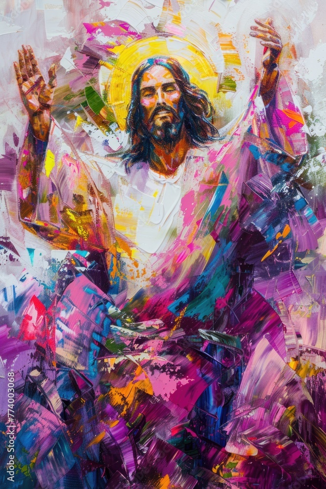 A serene Jesus with open arms, welcoming all, painted in rich, acrylic hues
