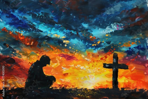 A mans silhouette praying, cross against a vivid acrylic sunset