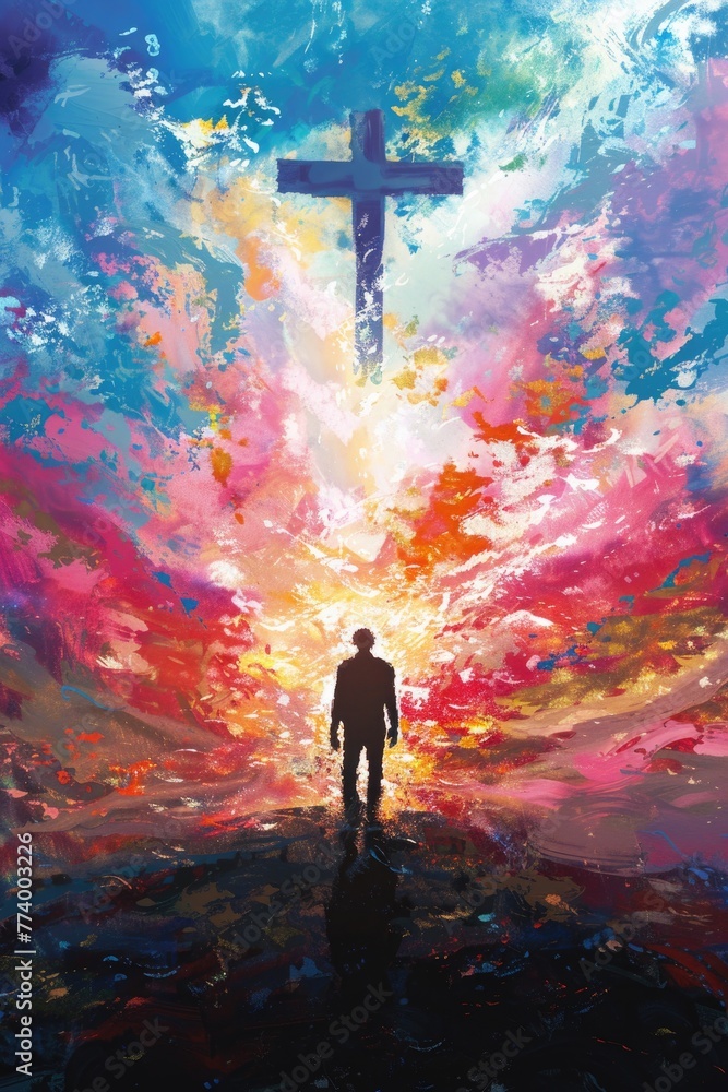 Fototapeta premium Christian man before a towering cross, radiant acrylic skies above