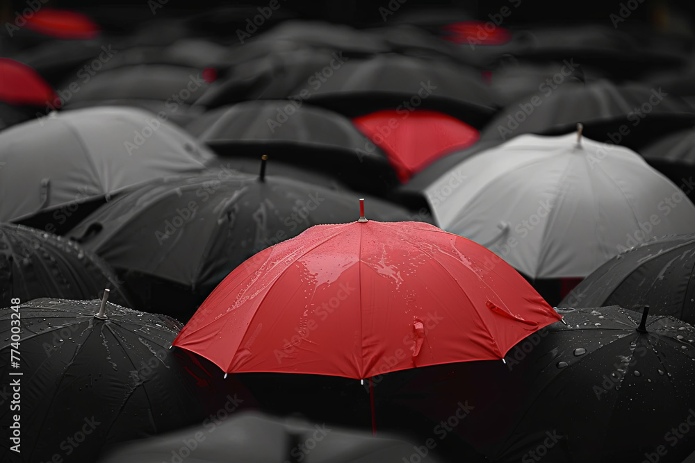 A single red umbrella standing out in a sea of black and white umbrellas, symbolizing leadership, uniqueness, and the concept of being different in a business or social context