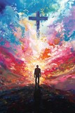 Christian man before a towering cross, radiant acrylic skies above