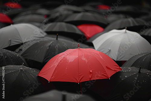 A single red umbrella standing out in a sea of black and white umbrellas  symbolizing leadership  uniqueness  and the concept of being different in a business or social context