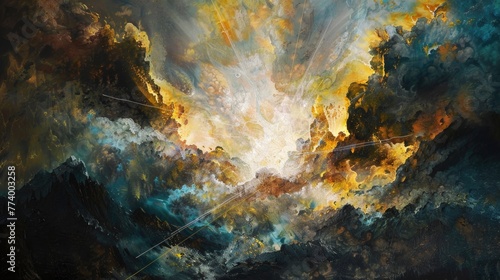 Christs transfiguration, an acrylic explosion of divine glory on the mountaintop