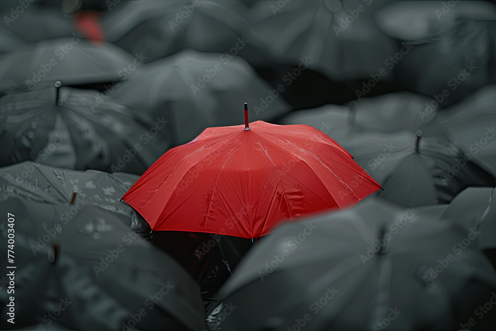 A single red umbrella standing out in a sea of black and white umbrellas, symbolizing leadership, uniqueness, and the concept of being different in a business or social context