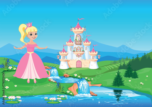 A beautiful princess in a pink dress walks along a path near a fairy-tale castle. Fairy tale vector illustration in cartoon style.