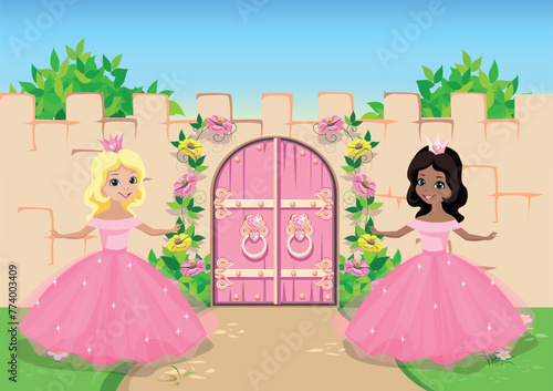 Two beautiful princesses in beautiful dresses walk along the path at the gate of a fairy-tale castle. Fairytale vector illustration in cartoon style.