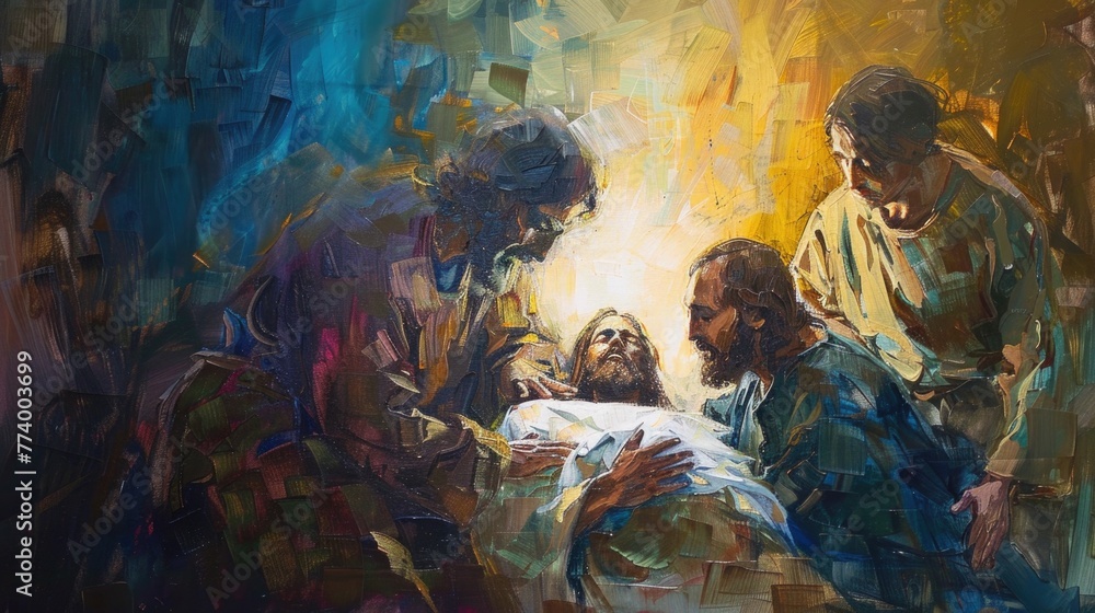 Jesus healing the sick, a touch of compassion, acrylics highlighting divine light