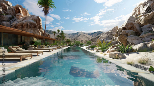 A serene oasis nestled within a rugged desert landscape, its shimmering pool inviting weary travelers to pause and refresh themselves.