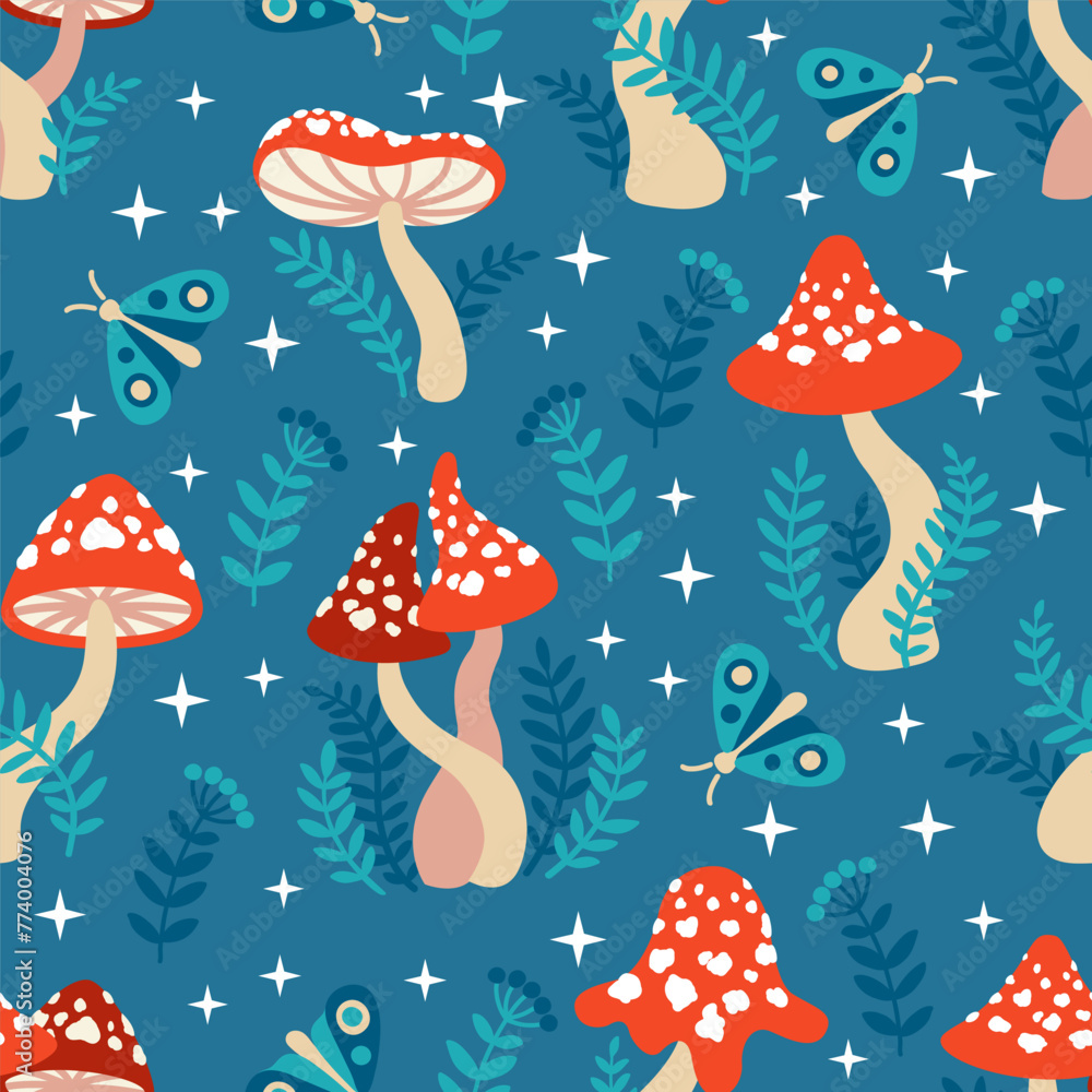 Seamless pattern of amanita mushrooms. Hand drawn vector illustration of red amanita among the branches of bushes and plants on a dark green background Seamless pattern of amanita mushrooms. Hand drawn vector illustration of red amanita among the branches of bushes and plants on a dark green background