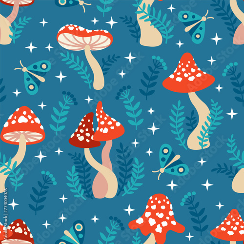 Seamless pattern of amanita mushrooms. Hand drawn vector illustration of red amanita among the branches of bushes and plants on a dark green background