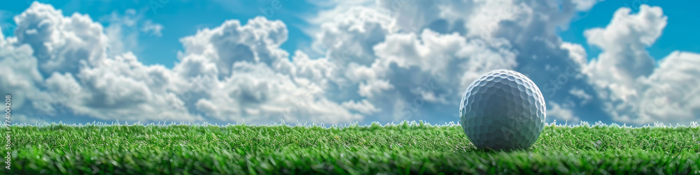 Close-Up View of Golf Ball on Vibrant Green Grass Against Blue Sky with Clouds Close-Up View of Golf Ball on Vibrant Green Grass Against Blue Sky with Clouds