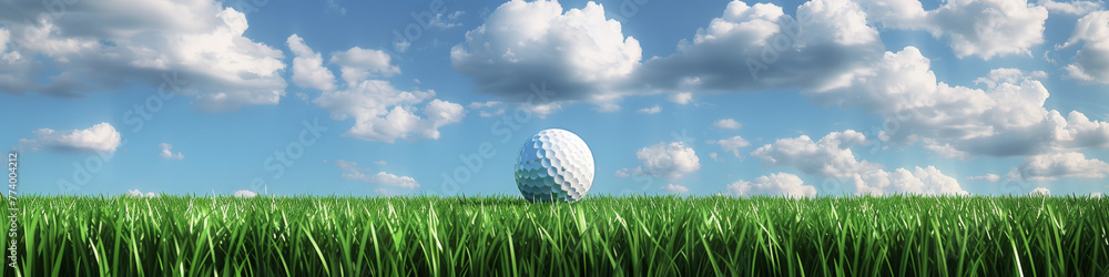 Serene Golf Ball on Lush Green Field under Blue Sky with Fluffy Clouds Serene Golf Ball on Lush Green Field under Blue Sky with Fluffy Clouds