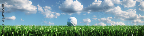 Serene Golf Ball on Lush Green Field under Blue Sky with Fluffy Clouds
