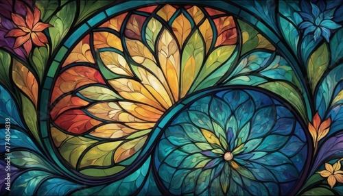 A stunning digital art piece that emulates stained glass  featuring intricate floral patterns with a rich tapestry of colors and light.. AI Generation