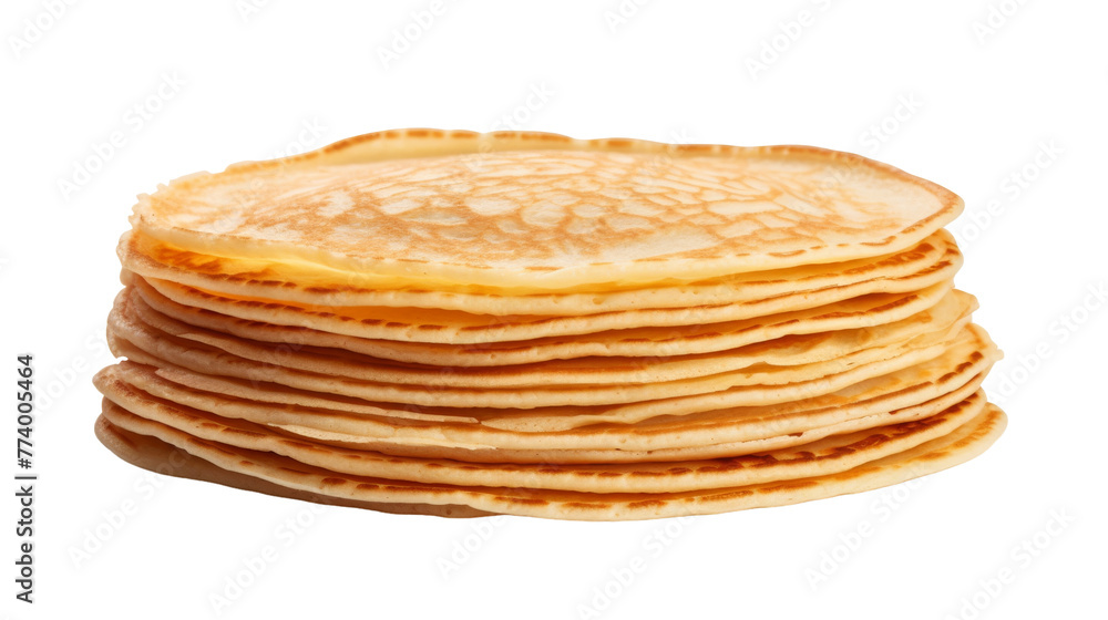 A stack of pancakes piled high on a white background A stack of pancakes piled high on a white background