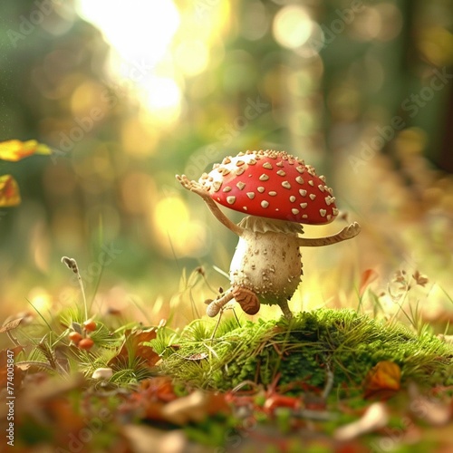 Dancing mushroom in a fairy forest, bright colors, clean background, Realistic HD characters, mushroom twirling