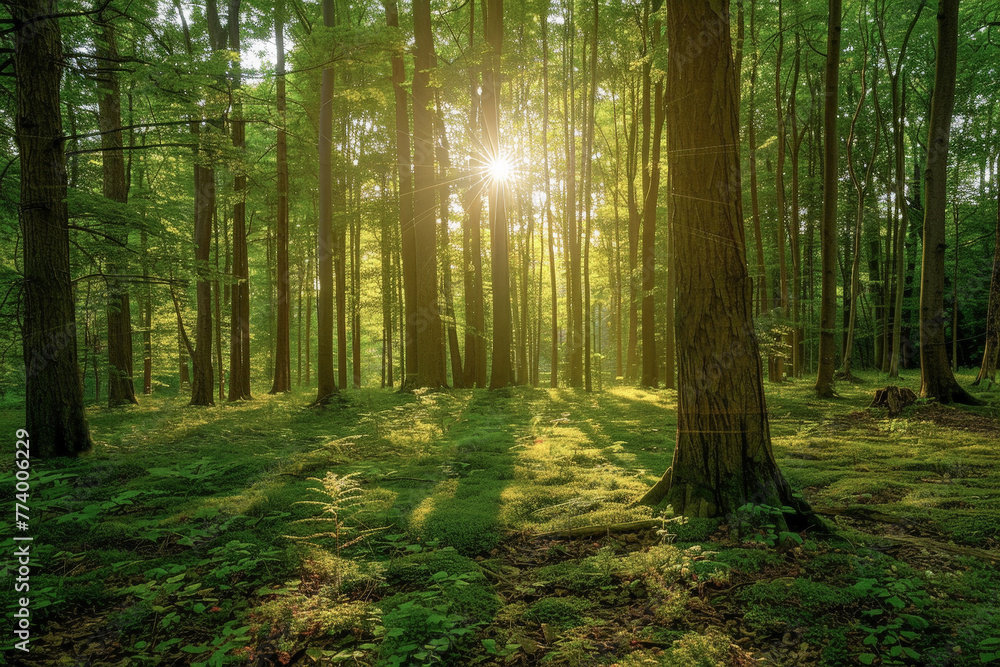 A forest with a sun shining through the trees