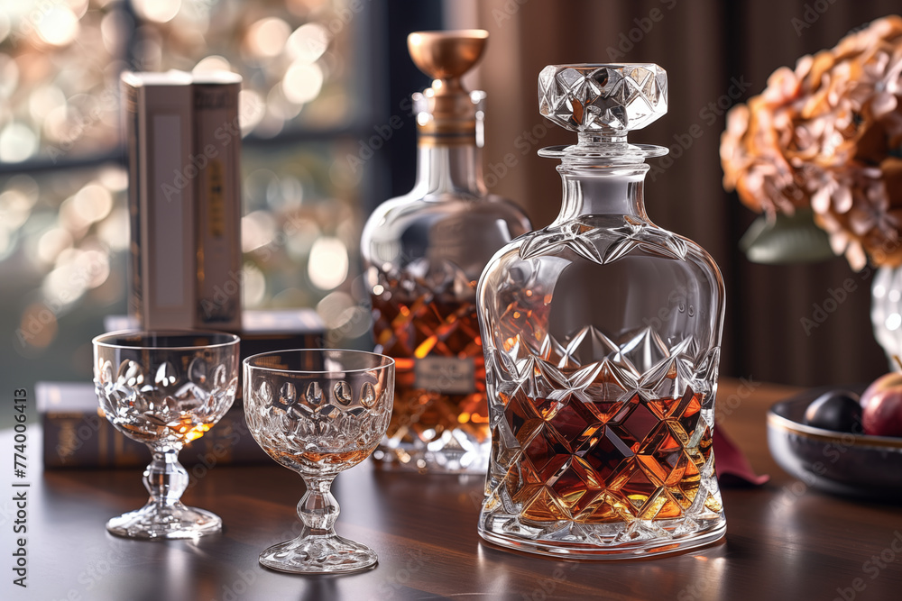 Glass of whiskey and brandy: a fine spirits scene. A bottle of whiskey, chilled with ice, alongside a glass of scotch gracefully placed on a red wooden table Glass of whiskey and brandy: a fine spirits scene. A bottle of whiskey, chilled with ice, alongside a glass of scotch gracefully placed on a red wooden table