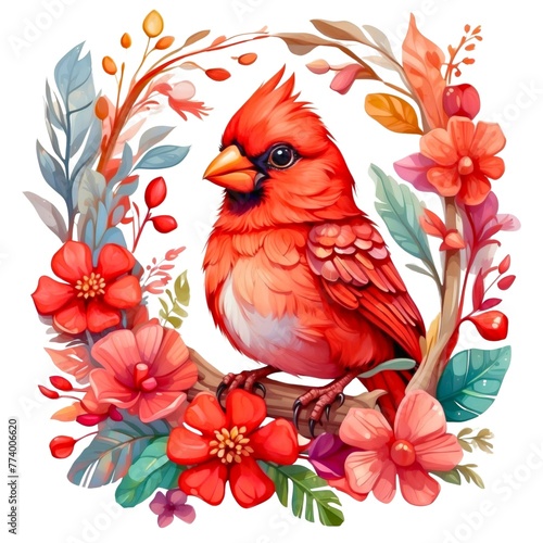 Watercolor illustration portrait of a cute adorable red cardinal bird animal with flowers on isolated white background.
