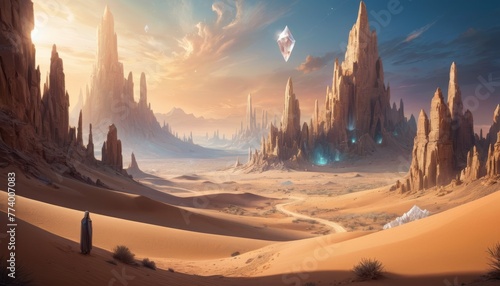 A solitary figure explores a vast desert with towering spires and floating crystals under an expansive, dusky sky.. AI Generation