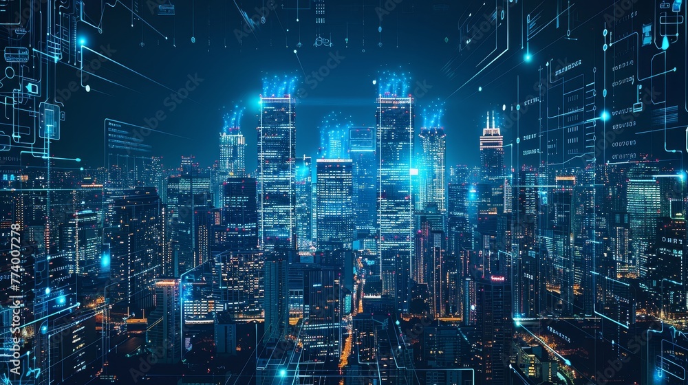 Naklejka premium A digital cityscape with skyscrapers from around the globe