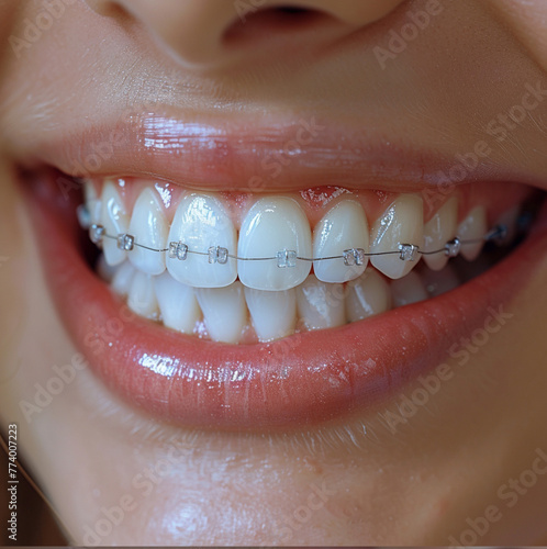 Close-up photo of a person smiling with healthy, white teeth on a white background. a small, blue dental model with braces on the side.  photo