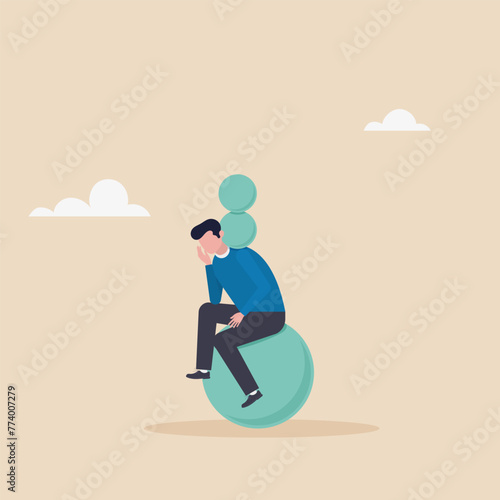 Concept, businessman thinking with heavy burden, boulder. A burden, an obligation to pay, a severe stressful problem or difficulty. Thinking requiring decision making.
