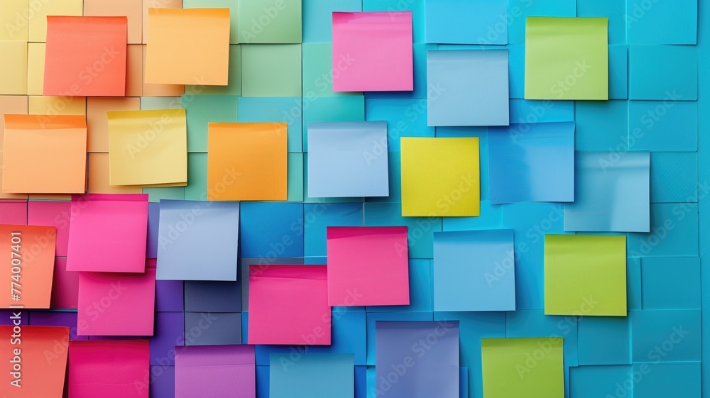 Colorful sticky notes on a blue board, with varied hues ranging from orange to pink and green Colorful sticky notes on a blue board, with varied hues ranging from orange to pink and green