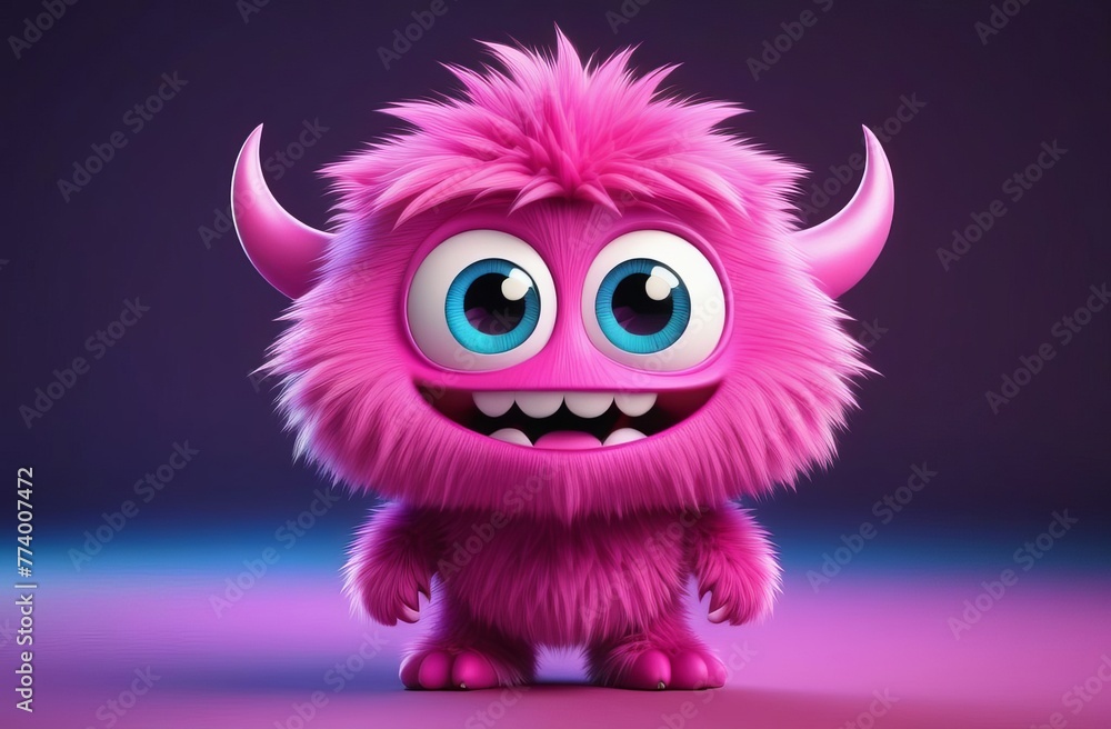 Cute pink or violet furry monster 3D cartoon character