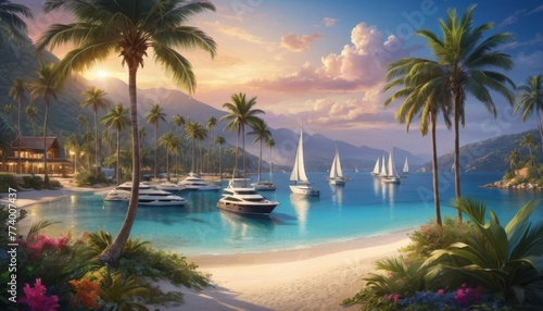 A breath-taking tropical cove at golden hour, with luxurious yachts anchored near the sandy shores, fringed by lush palms and tranquil waters.. AI Generation photo