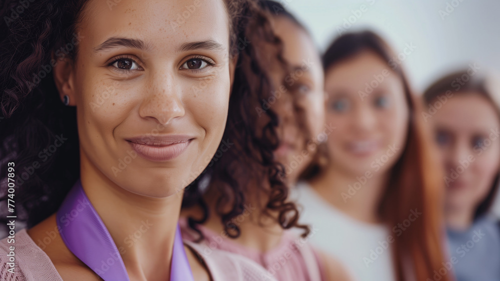 A smiling woman with a group of people softly blurred in the background A smiling woman with a group of people softly blurred in the background