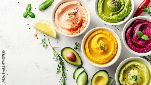 Assorted colorful bowls of fresh hummus and avocado dips with herbs on a white background
