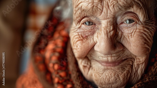 Close-up of an elderly woman smiling warmly with deep wrinkles and a colorful scarf