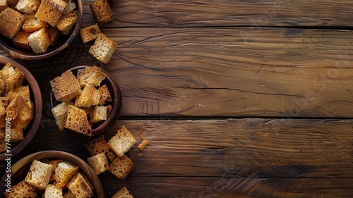 Wooden bowls filled with crispy diced bread on a textured wooden table