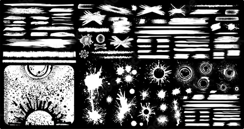 Vektor Set Tinte Design Elemente - Weiße Pinsel Striche Pinselstriche mit Klecksen - Farbkleckse Farbe Schwarz und isoliert - Spritzer Platsch und Klatsch - schwarzer Hintergrund