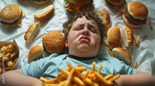An extreme obese teenager crying and eating junk fast food and living a sedentary life with bad health habits photo